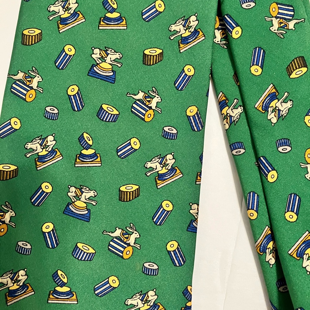 Salvatore Ferragamo Silk Tie Green with Whimsical Rabbit Print Made in Italy